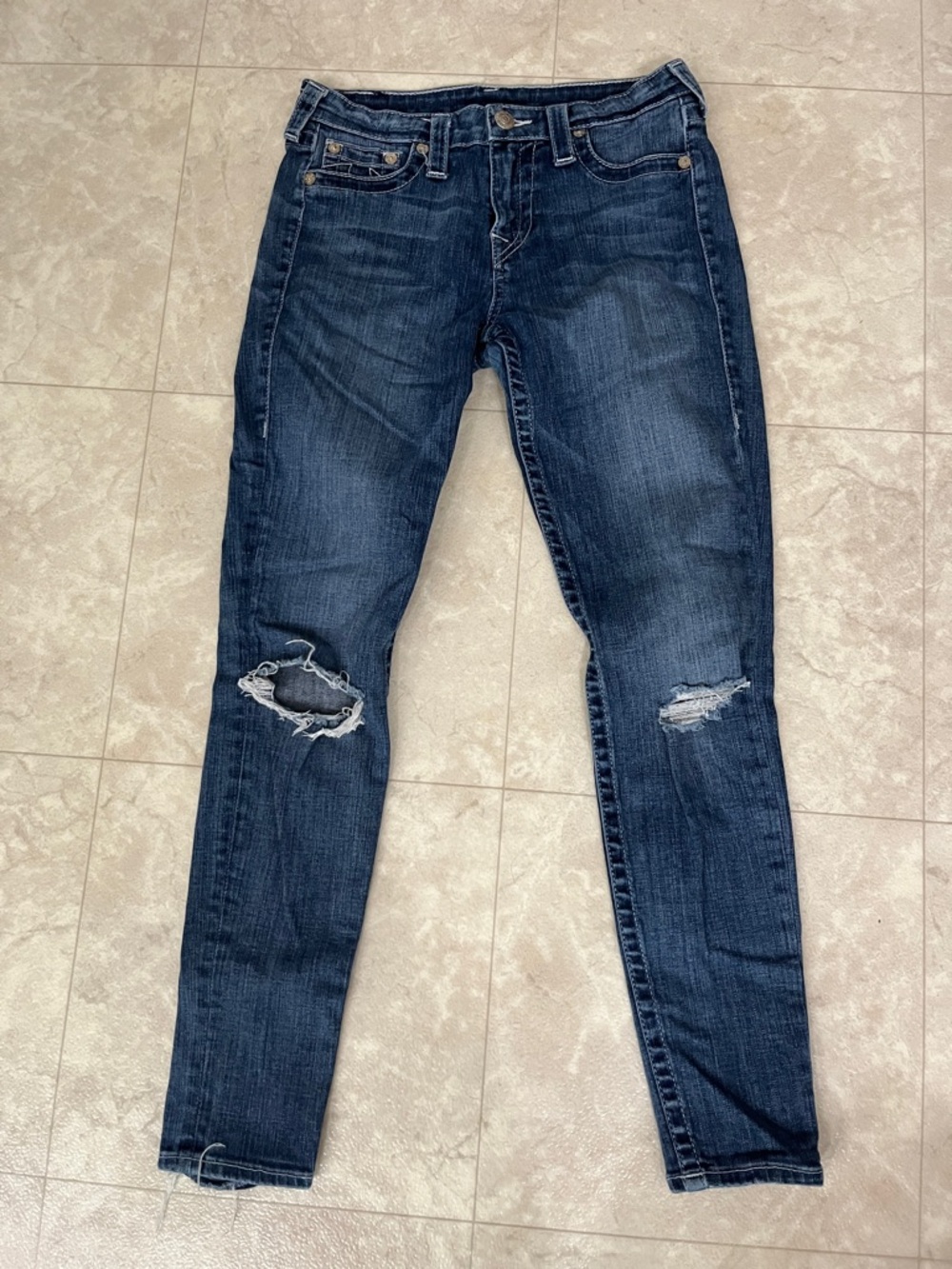 True Religion Women's Dark Blue Distressed Skinny Jeans 30